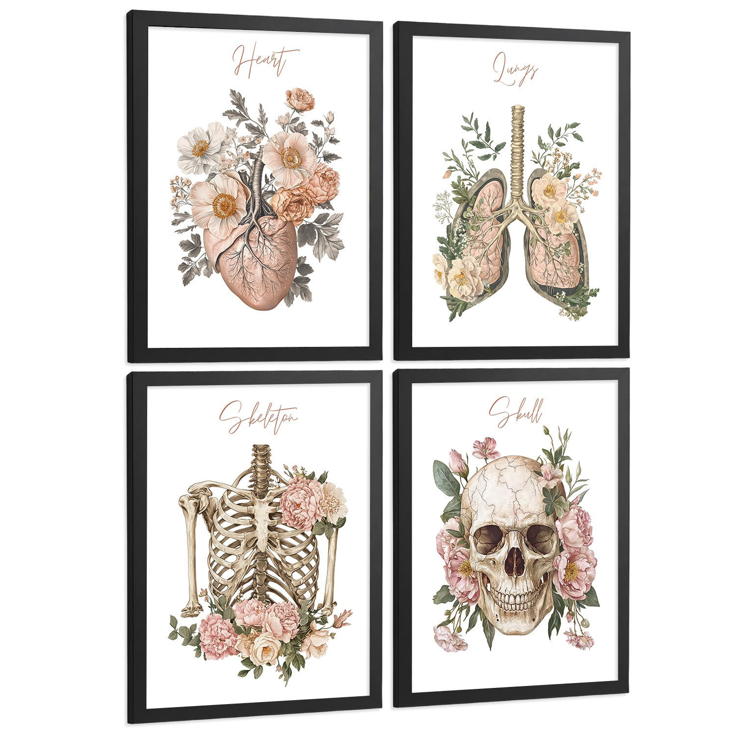 POSTER Set aus 4 Anatomie Mensch Florale Drucke und Wandbilder mit Herz Lungen Skelett und Schädel Stil Wanddekoration Größe Schwarzer Rahmen A4 - Schwarz, Papier (21/29.7/3cm) - Nacnic