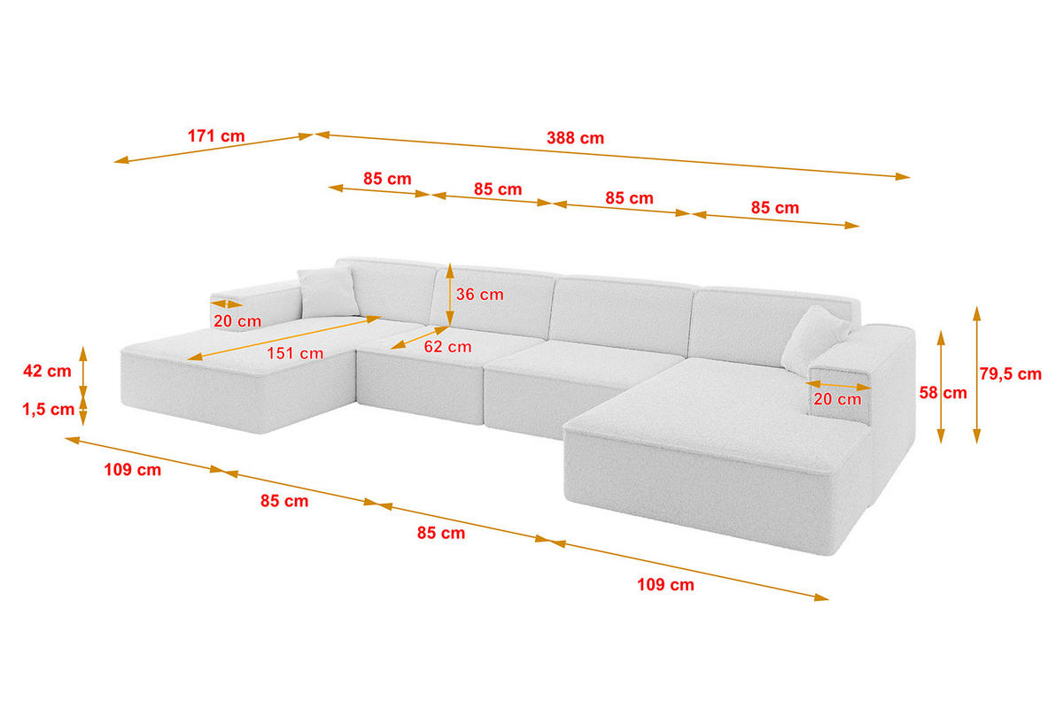 WOHNLANDSCHAFT IREA-U2-v4 - 388x171x79 cm Weiß - Weiß, Holzwerkstoff/Textil (388/79/171cm) - ALTDECOR