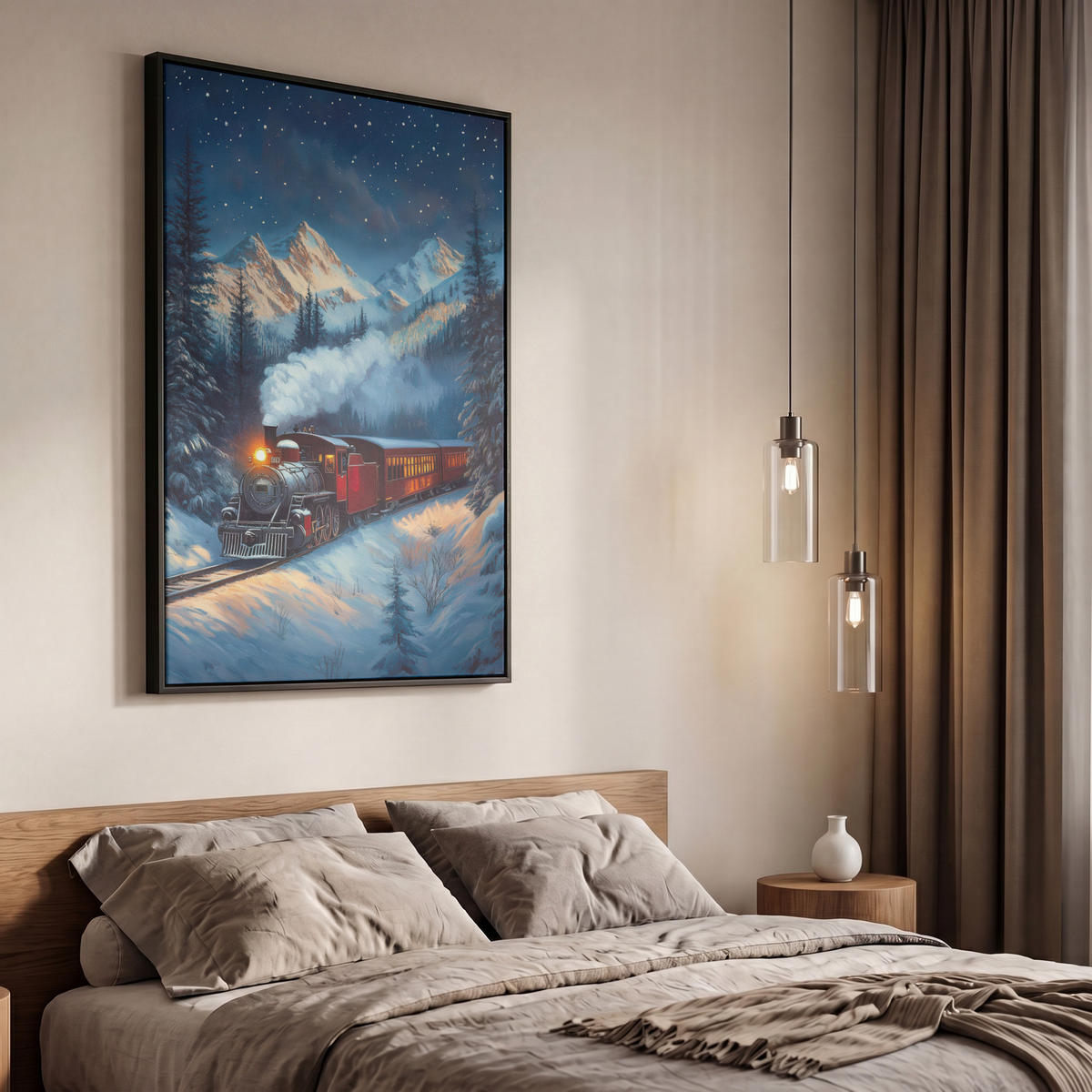 LEINWAND Bilder mit Rahmen - Zug - Weihnachten - Schnee - Weihnachtszug - 60x90 - Anthrazit, Textil (60/90cm) - MuchoWow