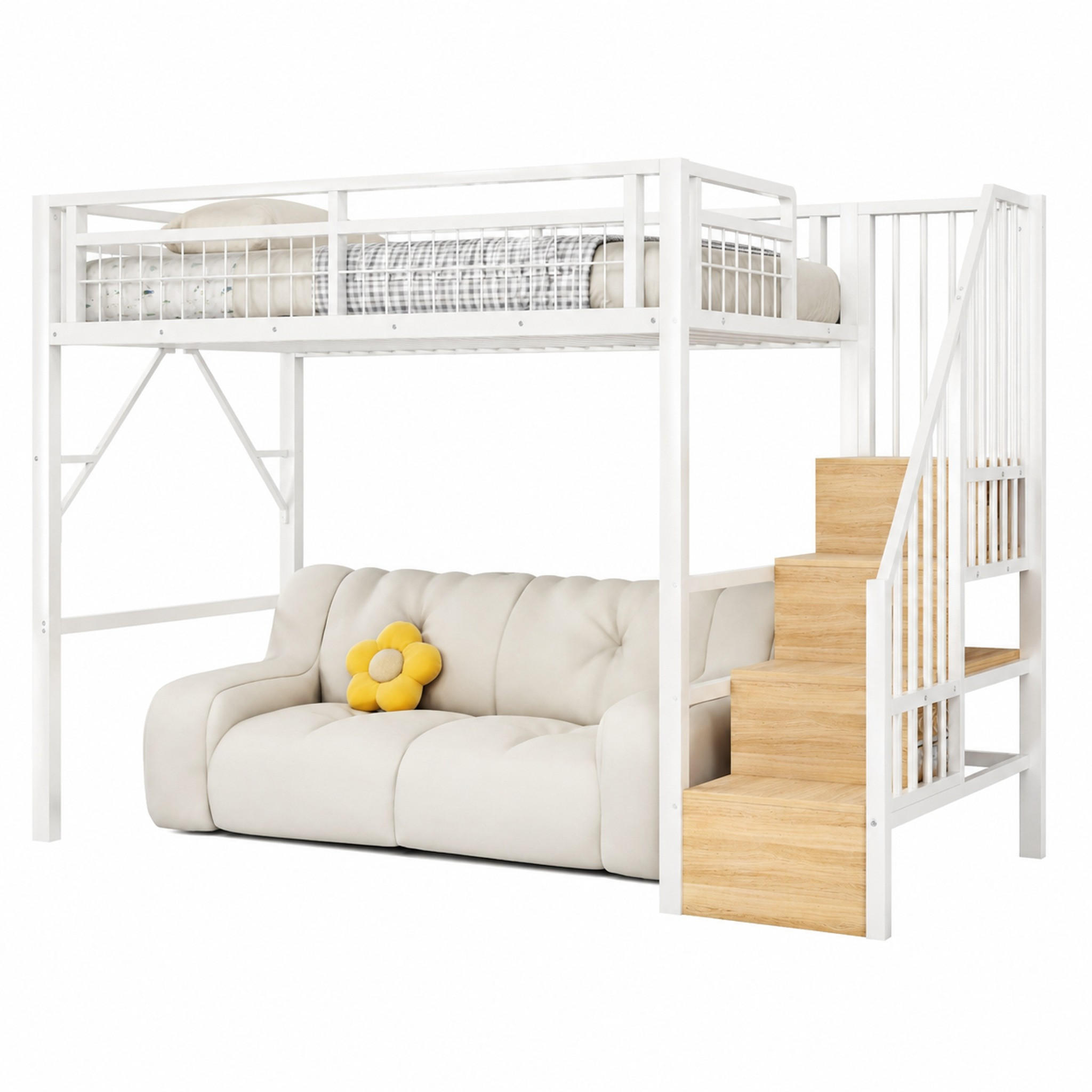 HOCHBETT mit LED und Stauraumtreppe 90x200 cm Metall/MDF Weiß - Weiß, Metall (90/200cm) - Meubliv