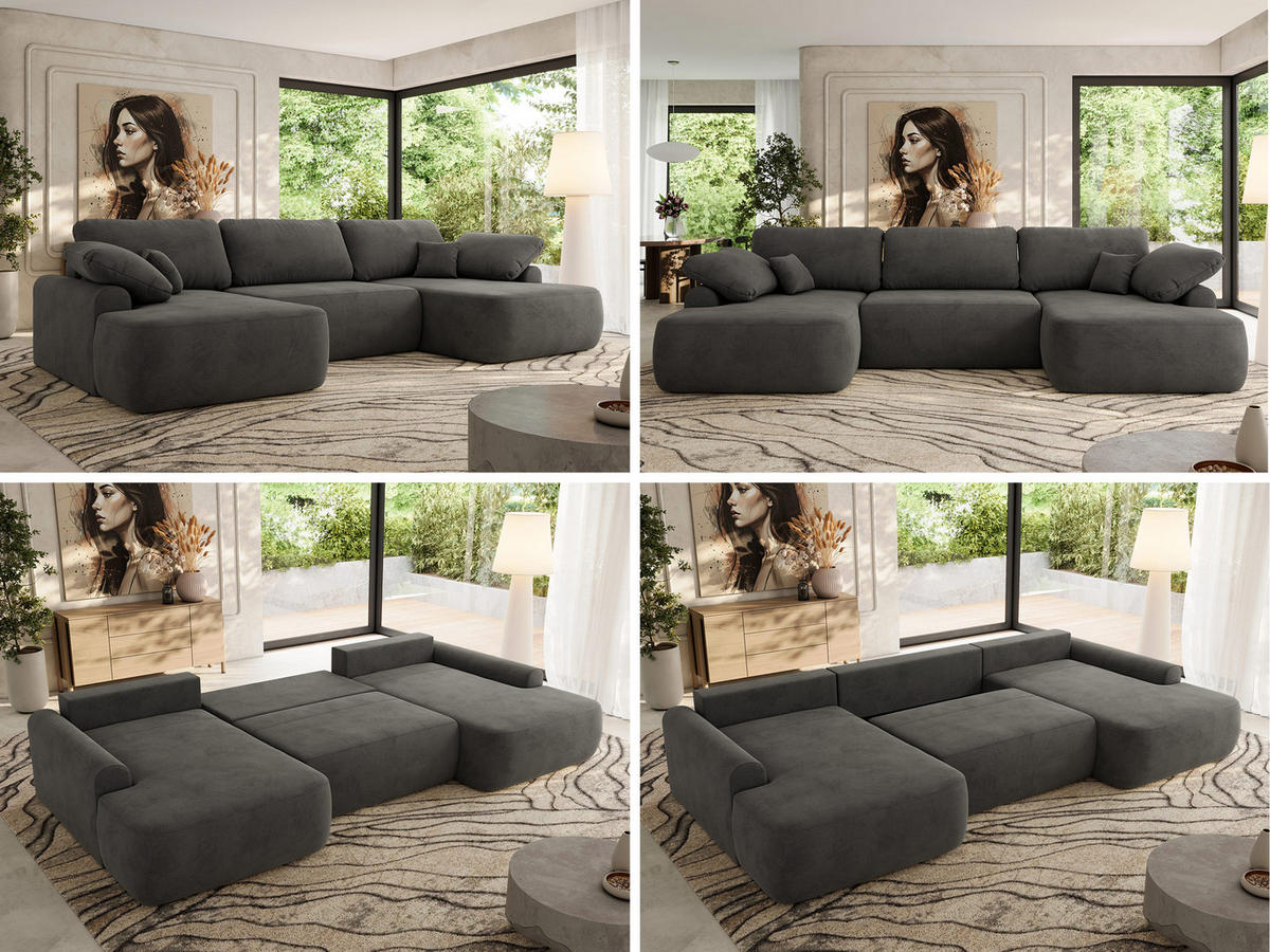 WOHNLANDSCHAFT CUBO U Dunkelgrau Velvet - Dunkelgrau/Schwarz, Kunststoff/Textil (370/100/187cm) - MKS