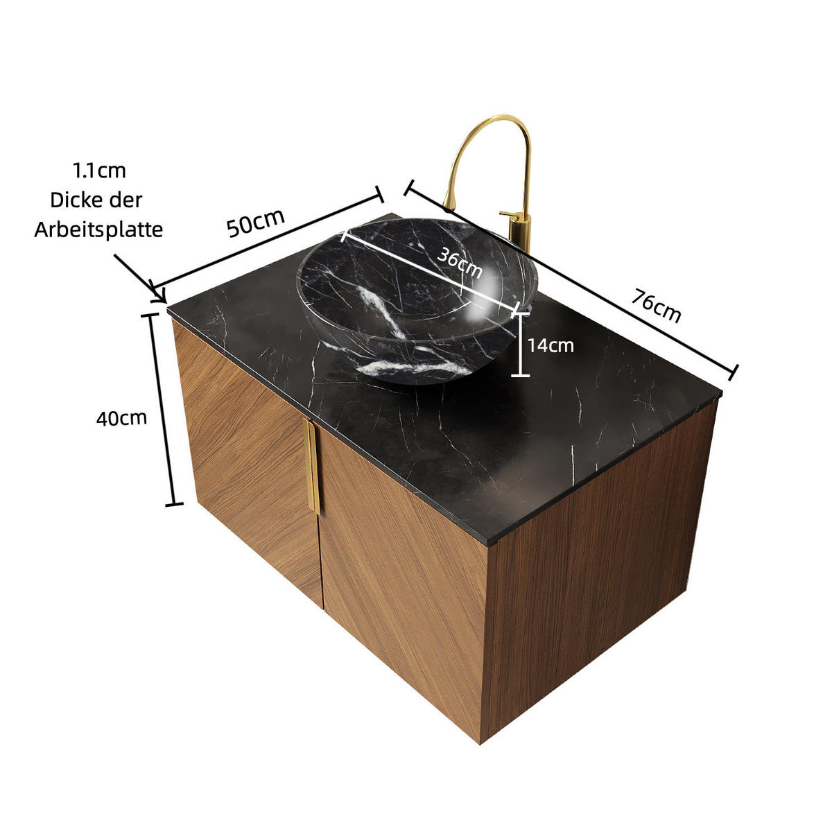 WANDMONTIERTER Badezimmer-Waschtisch aus Keramik und Sinterstein 76x50x55 cm, Schwarz/Braun Eiche, mit 2 Türen und Soft-Close-System - Schwarz, Keramik (76/55.1/50cm) - Modfu
