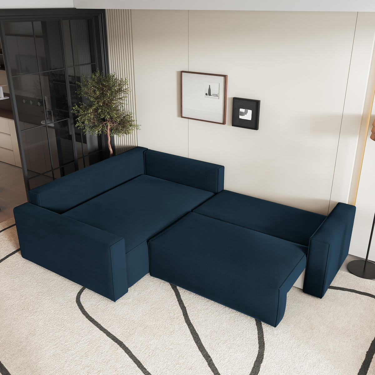 ECKSOFA ERONIS L-S Blau Velours-Stoff mit Schlaffunktion - Blau, Holz (265/194cm) - MASSENO