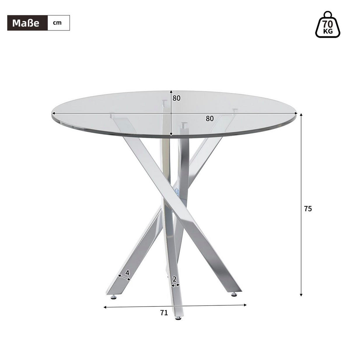 ESSTISCH 80/80/75 cm aus Glas in Silber mit Kreuzgestell - Silberfarben, Glas (80/80/75cm) - Flora Grace