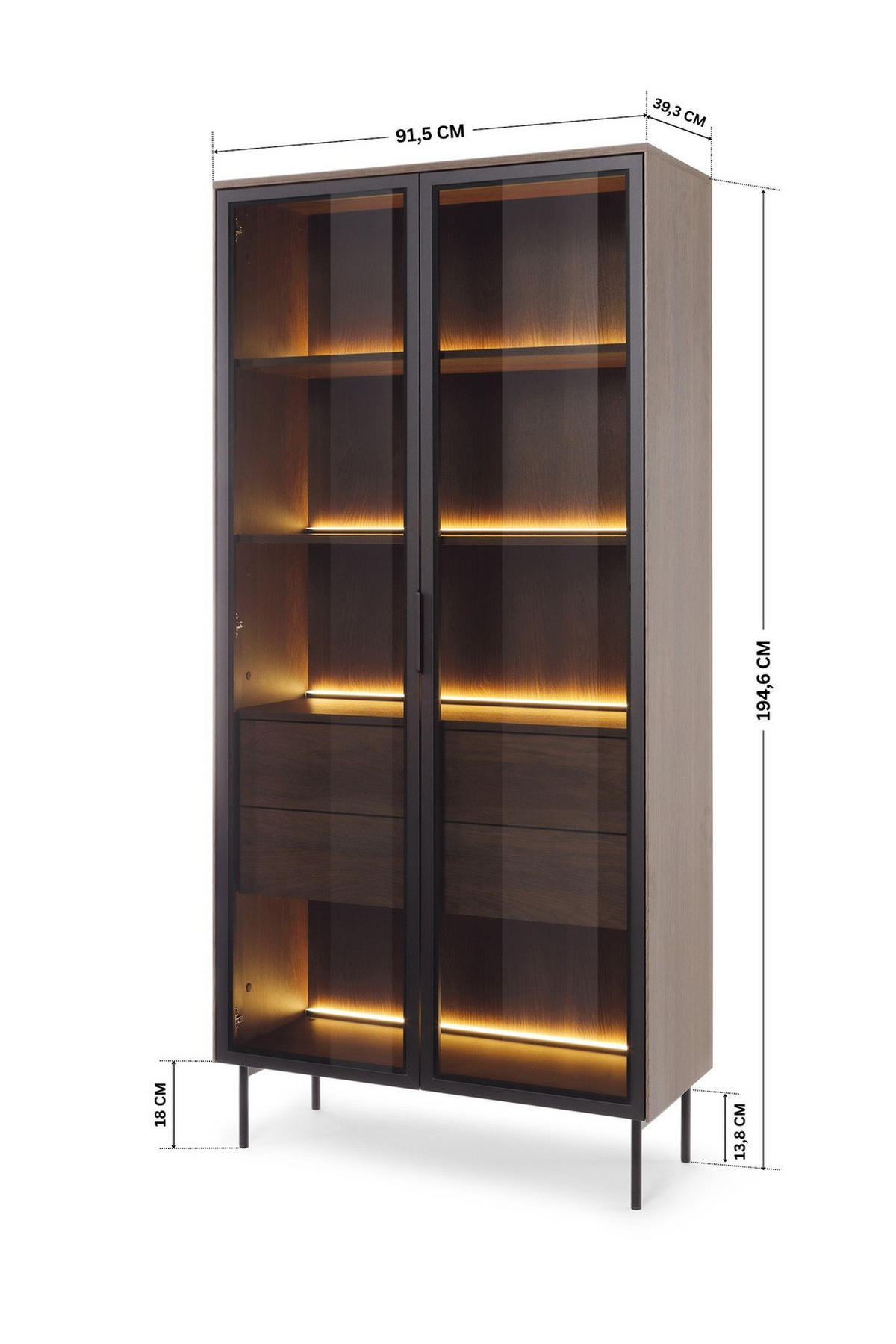 HOCHVITRINE LUMI 92 cm Eiche Dunin - mit Braunglas und LED-Beleuchtung - Eichefarben/Schwarz, Holz/Holzwerkstoff (92/195/39cm) - Ravio