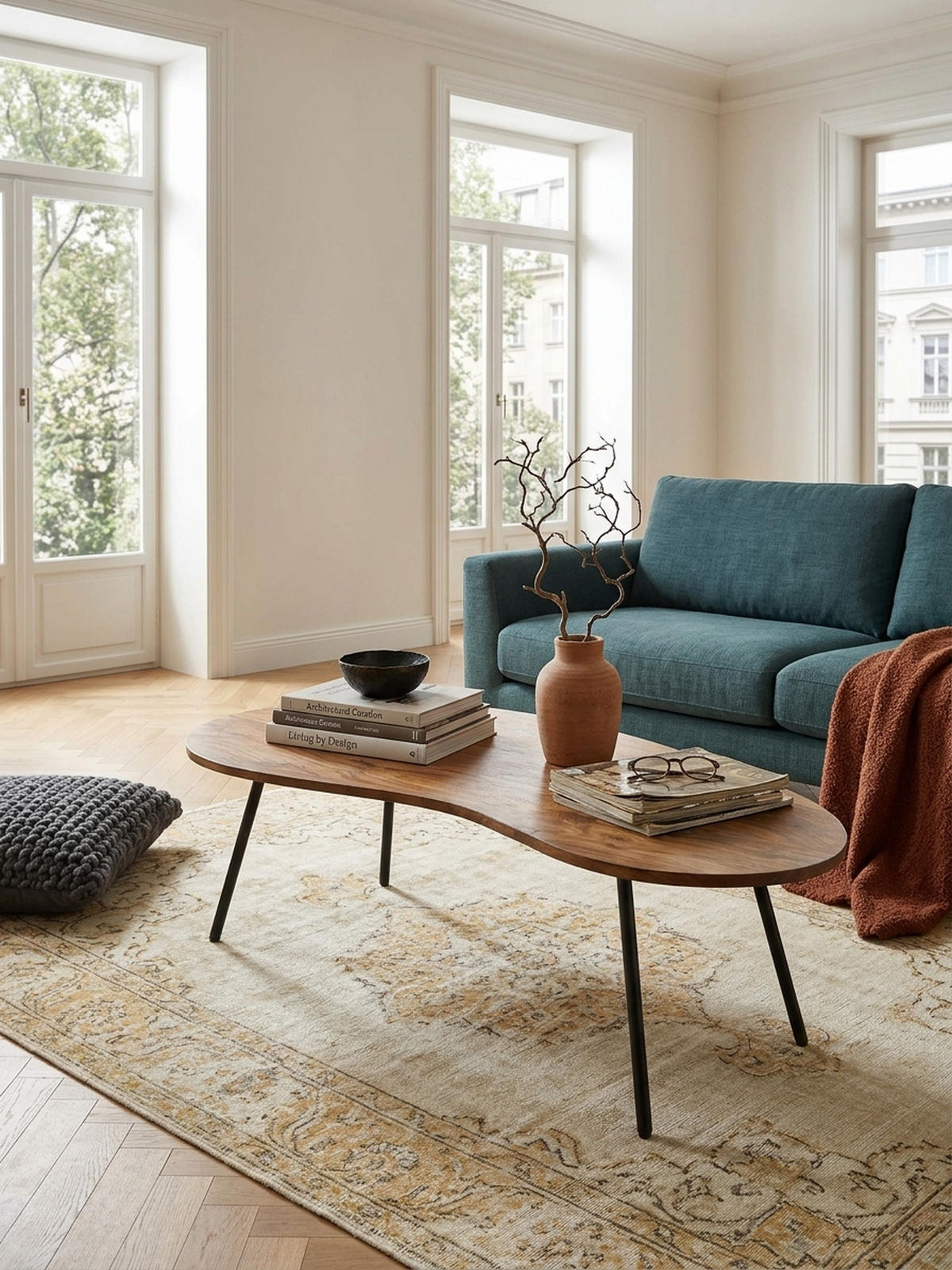 COUCHTISCH Retro-Stil mit Nierenform, Massivholz, Metallbeine, pflegeleichte Tischplatte, Braun 122x63x36 cm - Schwarz/Braun, Holz/Metall (63/122/36cm) - KADIMA DESIGN