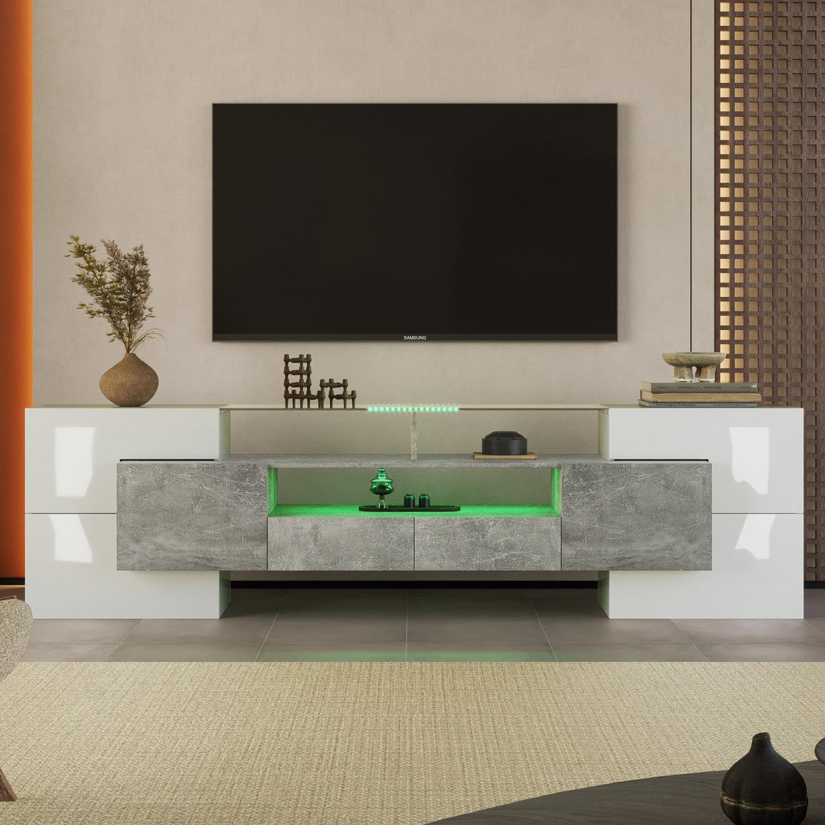 TV Lowboard LED, 6 Türen, 2 Schubladen, Grau Weiß - Weiß, Holz (200/60/30cm)