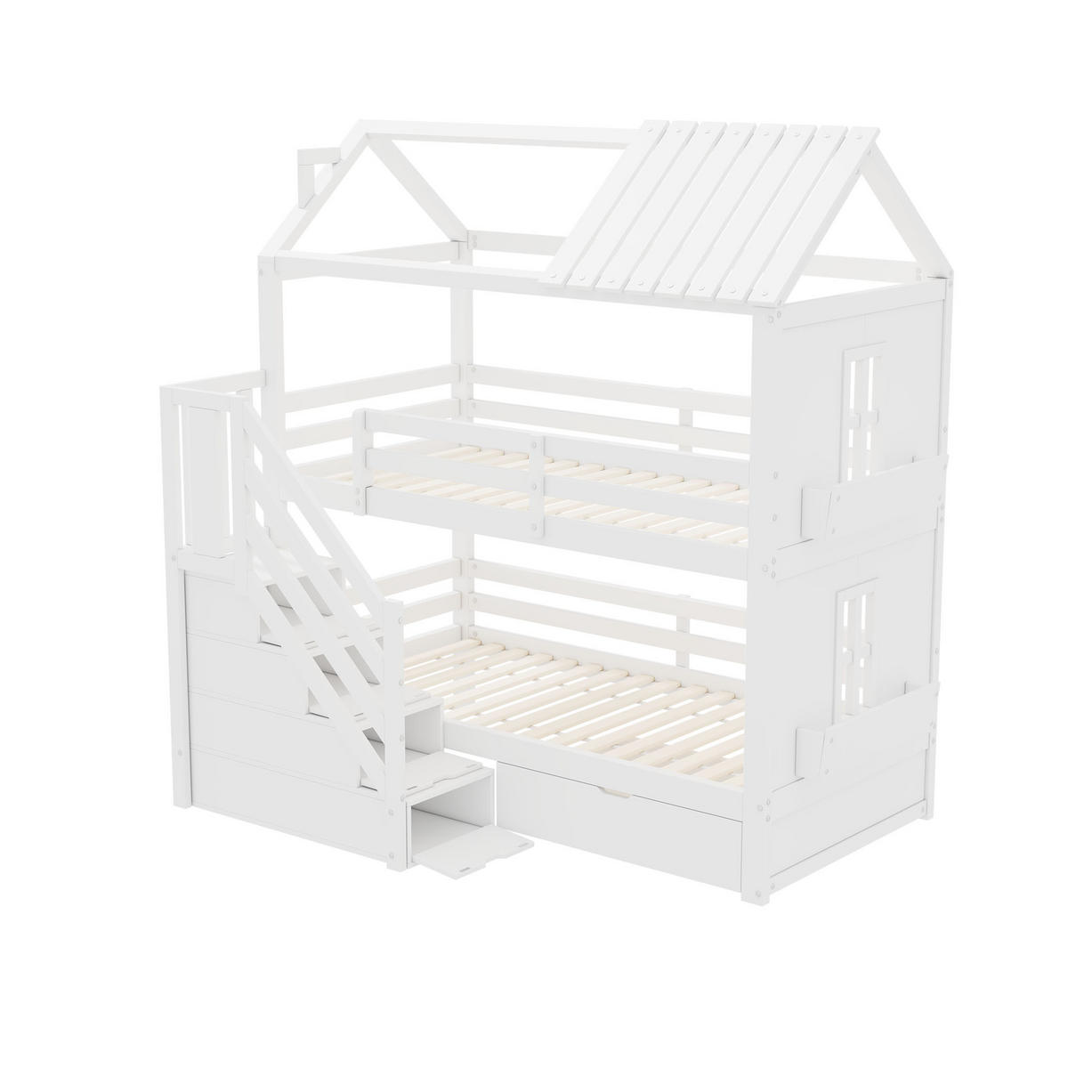 ETAGENBETT 90/200 cm weiß aus Massivholz und MDF mit Stauraumtreppe - Weiß, Holz (90/200cm) - OKWISH