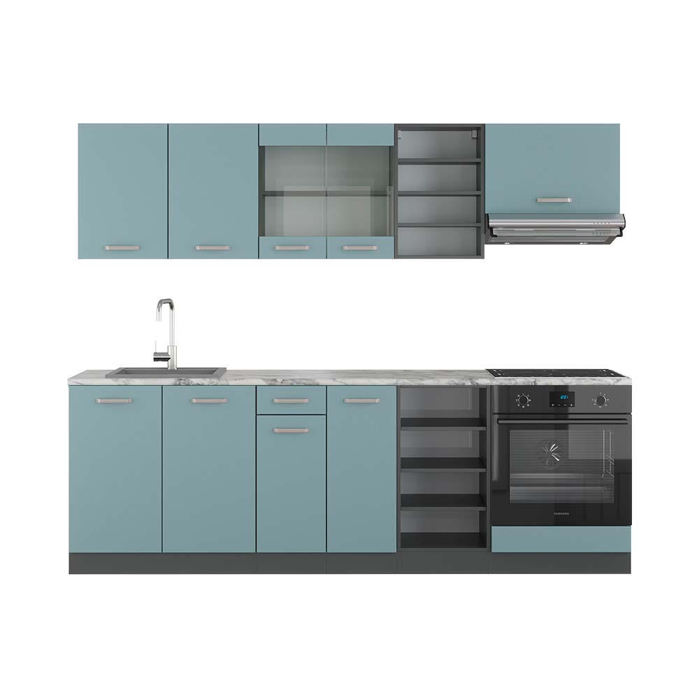 KÜCHENZEILE R-Line Blau-Grau/Anthrazit 240 cm, AP Marmor - Anthrazit/Blaugrau, Holzwerkstoff (240/81.6/60cm) - Vicco