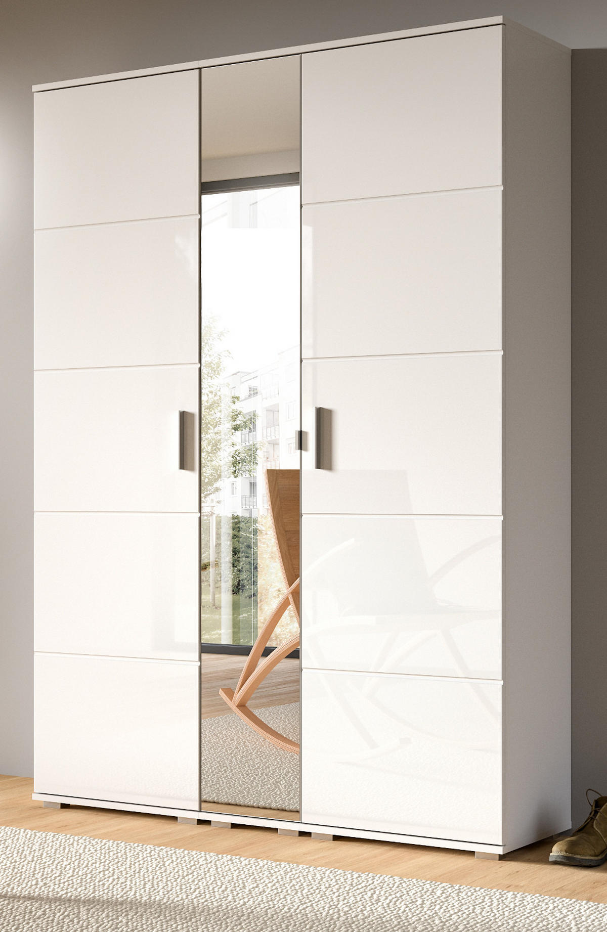 GARDEROBE Set weiß Hochglanz 3-teilig 140 cm, Kombination mit 12 Fächern - Weiß Hochglanz/Silberfarben, Glas/Holzwerkstoff (140/191/37cm) - Inn.Furn