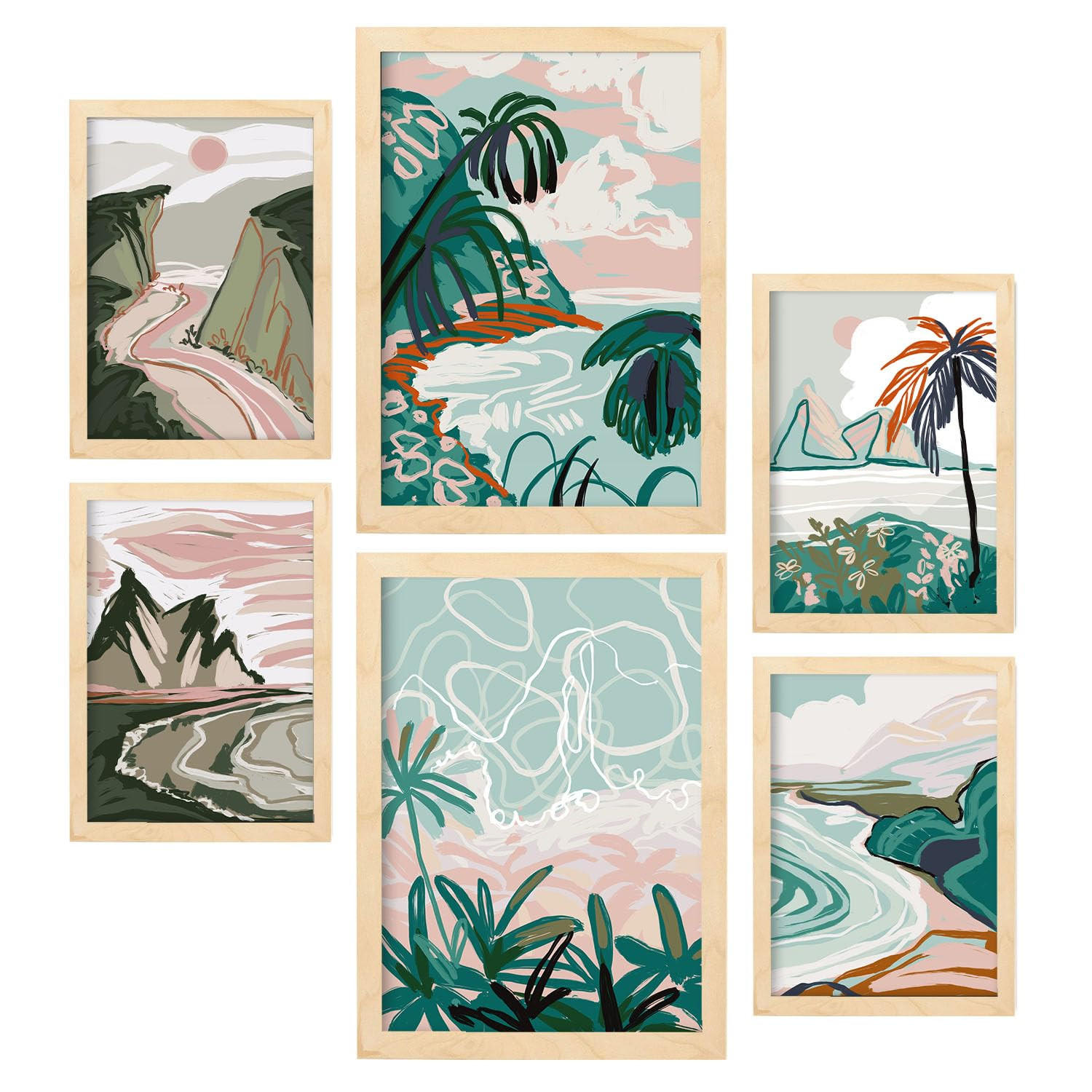 POSTER Set Mit 6 Seashores Frames 1 In Kulissen Abstracts Ästhetische Dekorative Gemälde Für Ihr Wohnzimmer Zuhause A3 & A4 Rahmen Aus Hellem Holz - Beige, Papier (29/3cm) - Nacnic
