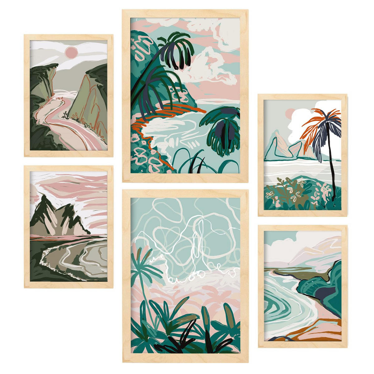 POSTER Set Mit 6 Seashores Frames 1 In Kulissen Abstracts Ästhetische Dekorative Gemälde Für Ihr Wohnzimmer Zuhause A3 & A4 Rahmen Aus Hellem Holz - Beige, Papier (29/3cm) - Nacnic