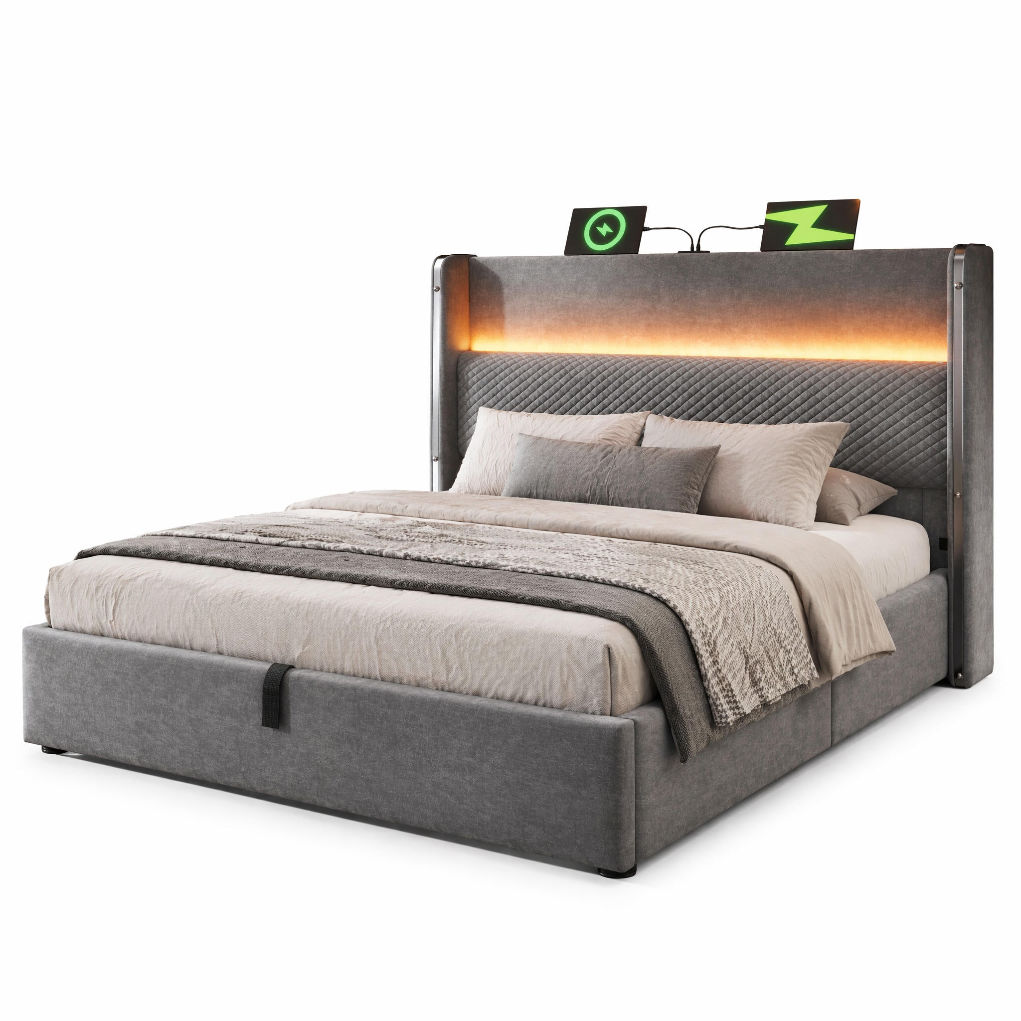 POLSTERBETT 160/200 cm in Grau mit Bettkasten, LED und USB Type-C Leinen Design - Grau, Holzwerkstoff/Textil (160/200cm) - STILVORA