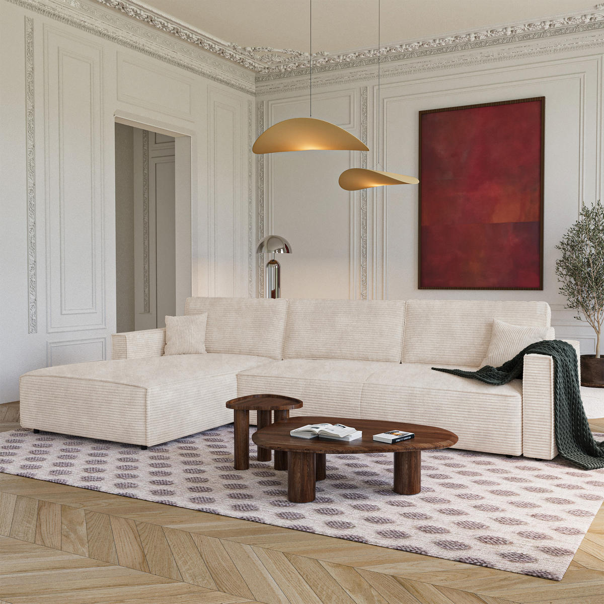 LINKSECK-SCHLAFSOFA mit Stauraum Cord Creme 297cm - Creme, Textil (297/167cm) - Premium Interiors