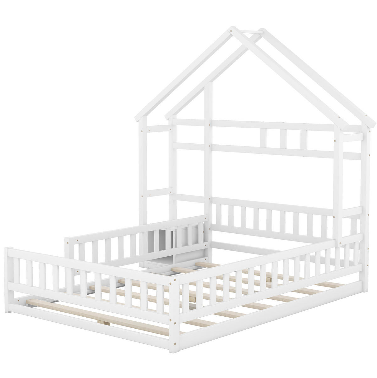 HAUSBETT aus Kiefer und MDF 140x200 cm Weiß mit Hausdesign, Seitengeländer und Nachttisch - Weiß, Holzwerkstoff (140/200cm) - Modfu