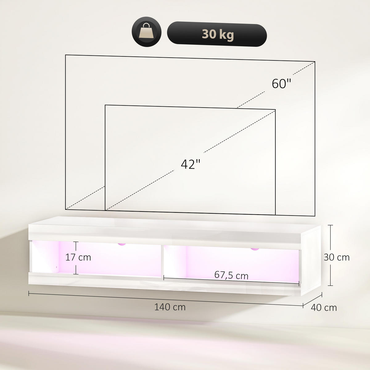 TV Schrank, Hängendes TV Lowboard mit RGB LED-Beleuchtung, offenen Stauraum - Weiß Hochglanz, Holzwerkstoff (40/30/140cm) - HOMCOM
