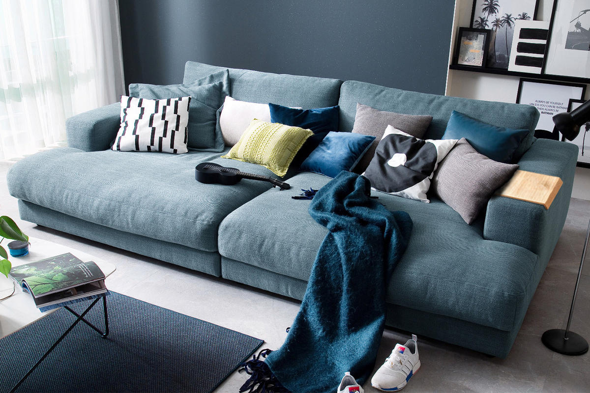 BIG SOFA XL MIT TABLETT NATUR MADELINE Petrol Webstoff - Petrol/Schwarz, Kunststoff/Textil (290/85/190cm) - KAWOLA