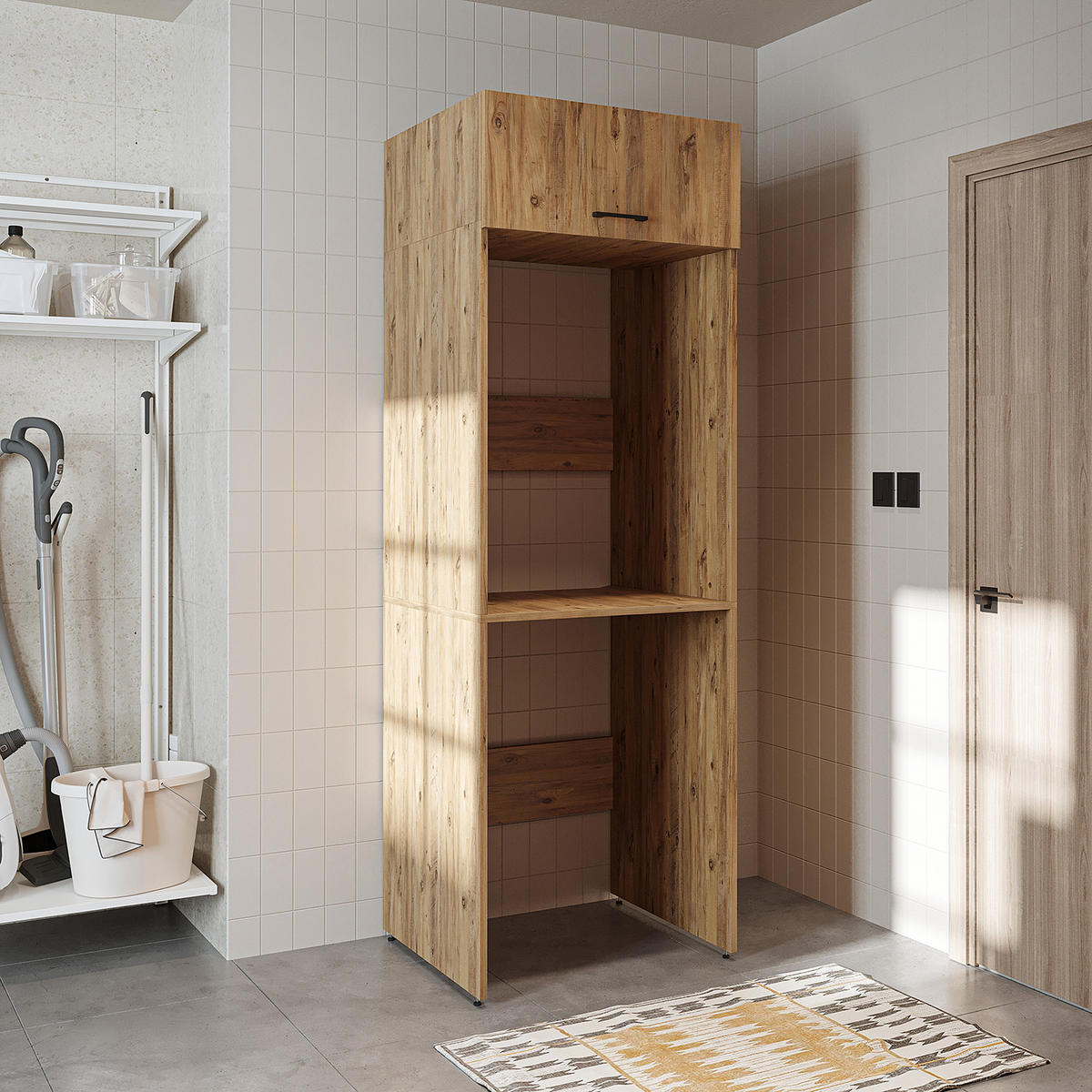 WASCHMASCHINENSCHRANK DUO-II 67cm Breit, 205cm Hoch - Eichefarben, Holzwerkstoff (67/205/67cm)