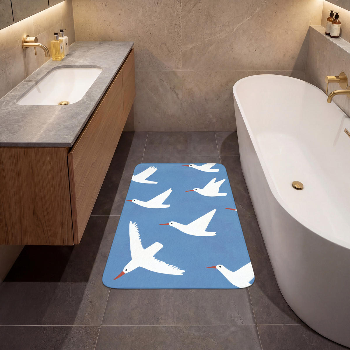BADEMATTE Vögel - Weiß - Muster 60x90 cm - Blau, Kunststoff/Textil (60/90cm)