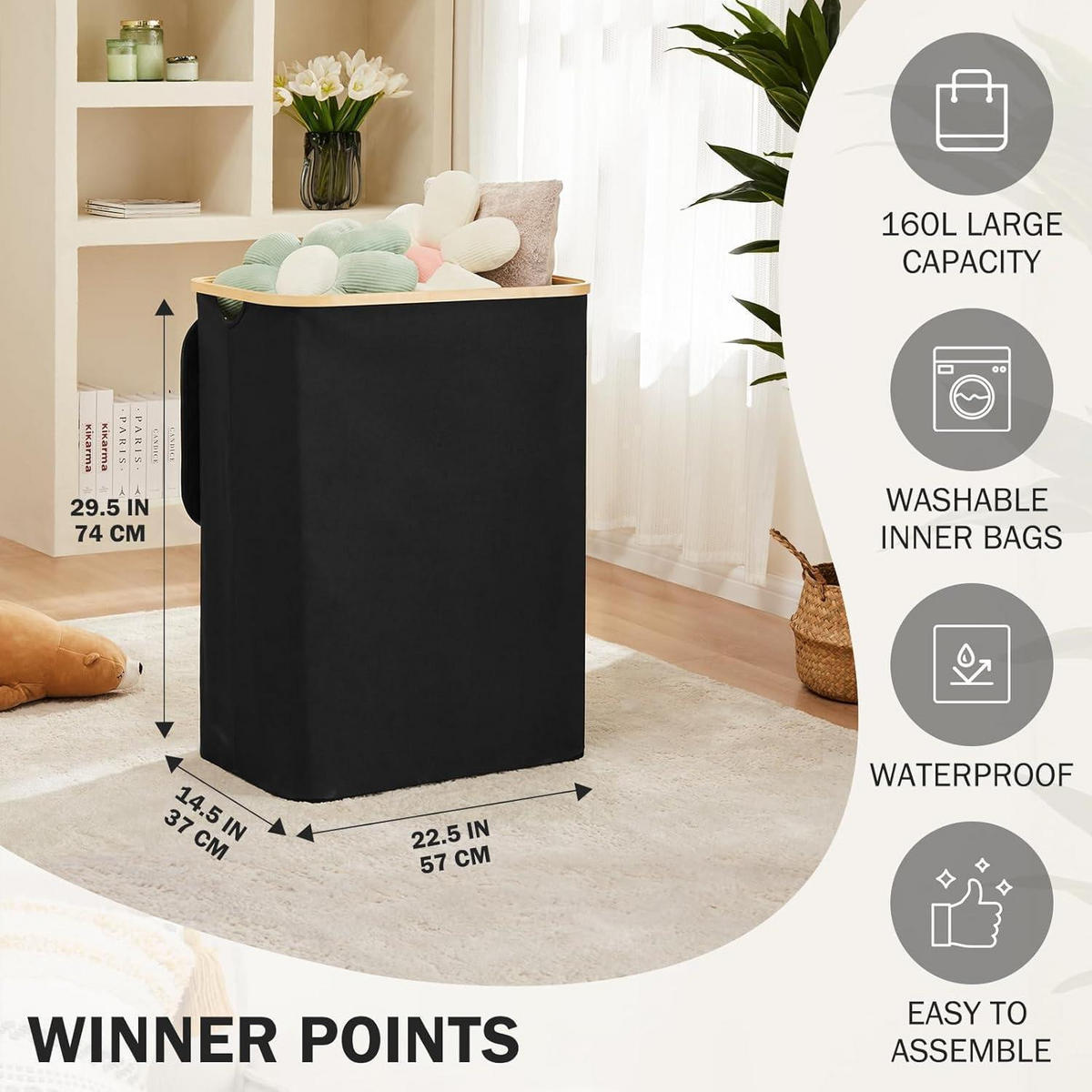 WÄSCHEKORB mit Deckel 3 Fächer 160L Schwarz - Schwarz, Naturmaterialien (37/74/57cm)