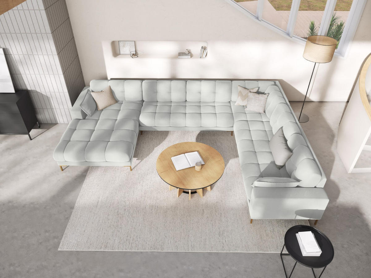 PANORAMASOFA rechts Mamaia aus Samt silber 7 Sitzplätze - Silberfarben, Textil (256/75/327cm) - Micadoni
