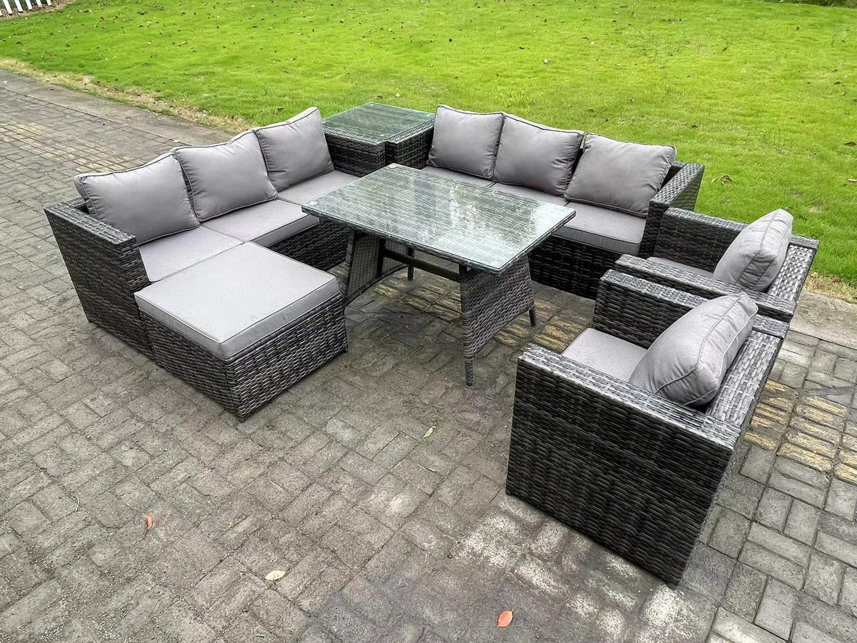 GARTENMÖBELSET mit Hocker 9-Sitzer Grau - Dunkelgrau/Grau, Glas/Kunststoff - Fimous
