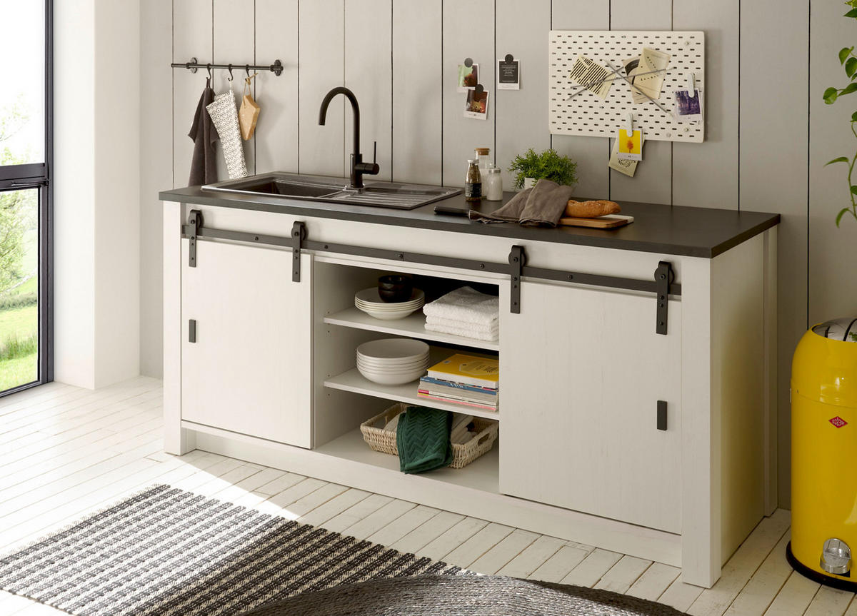 KÜCHENSCHRANK weiß Pinie, anthrazit Landhaus, Küche Unterschrank für Spüle oder Kochfeld cm 200 cm - Anthrazit/Schwarz, Holzwerkstoff/Metall (201/93/64cm) - Furn.Design
