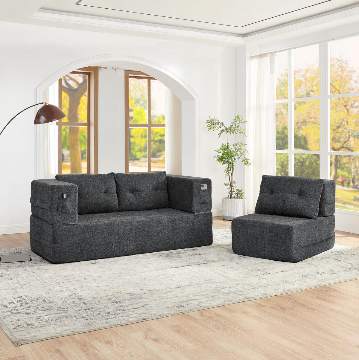 SCHLAFSOFA aus Stoff Dunkelgrau klappbar mit Sessel, Seitentaschen und Memory-Schaum - Dunkelgrau, Textil (199/39/194cm) - Modfu