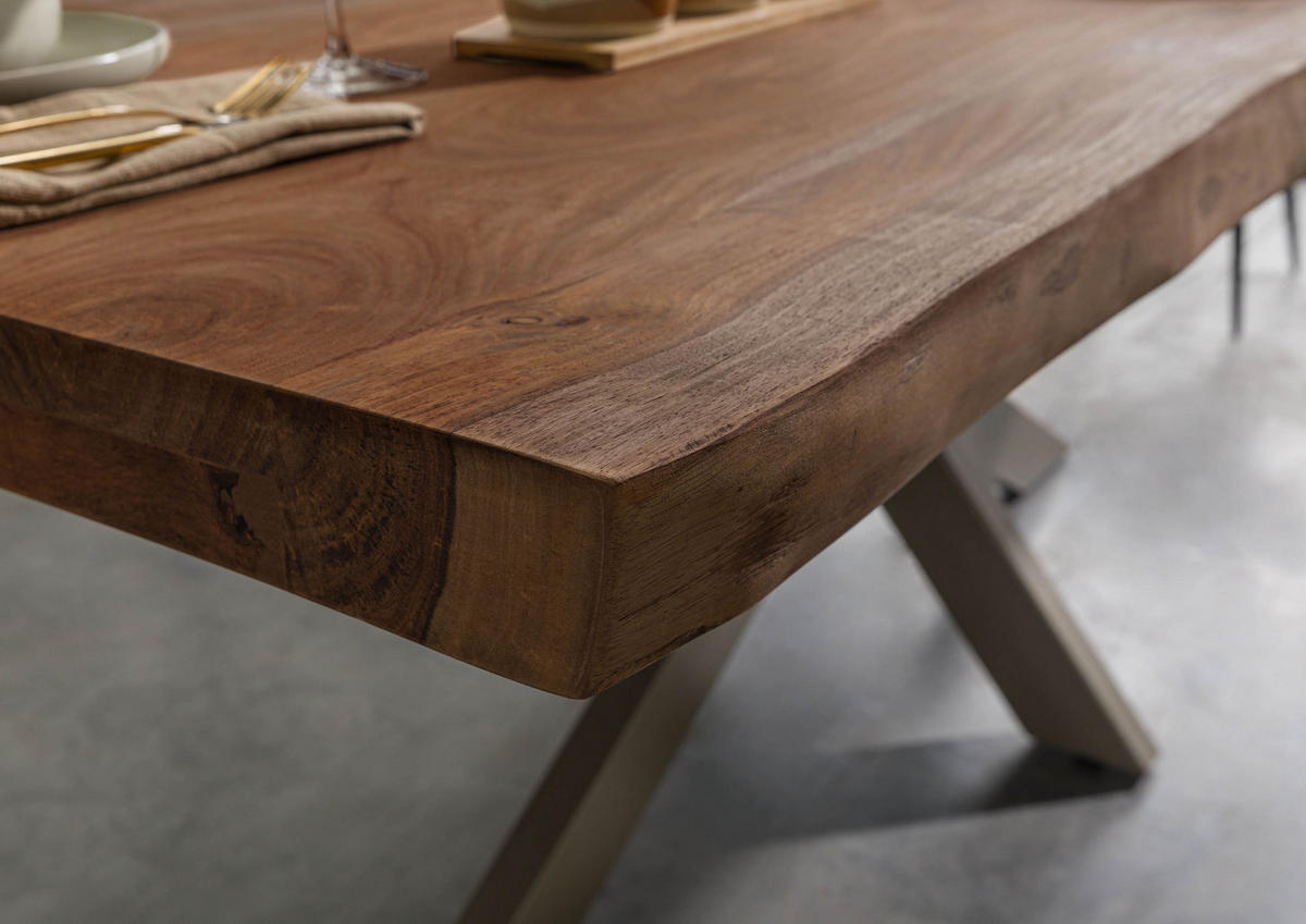 BAUMTISCH Sheesham 260x100x77 grau gebeizt / Kreuzgestell silber matt FREEFORM 5 - Silberfarben/Grau, Holz (260/100/77cm) - Massivmoebel24