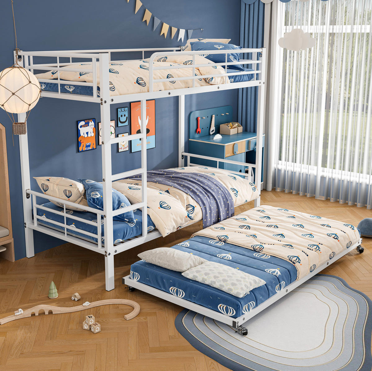ETAGENBETT 90/200 cm mit Ausziehbett 90/190 cm, gerader Leiter und Sicherheitsgittern aus Metall, Weiß - Weiß, Metall (90/200cm) - Redom