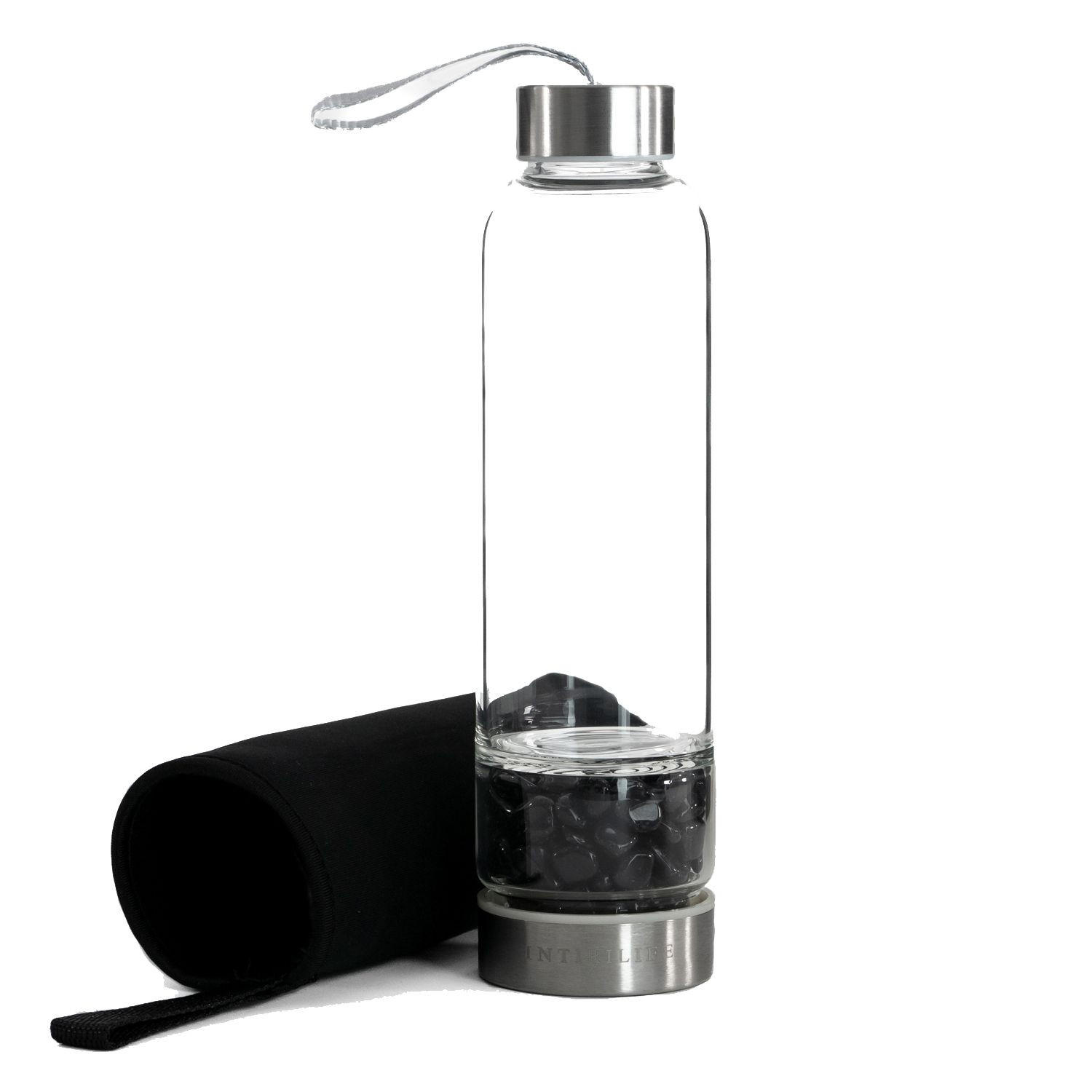 WASSERFLASCHE mit Heilsteinen und Tasche 400ml - Schwarz, Glas (0.4L) - Intirilife