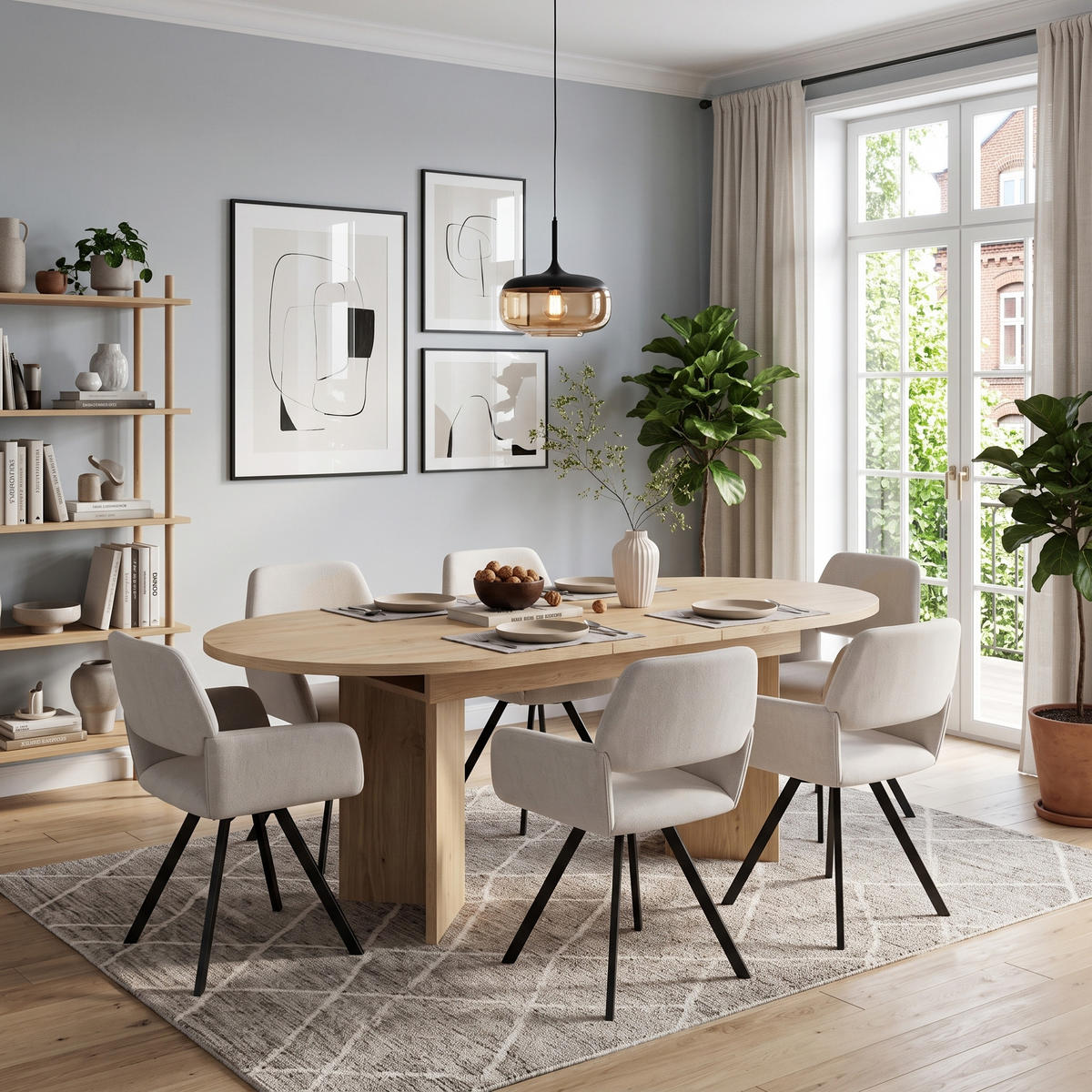 ESSGRUPPE 1+6 Ausziehbarer Tisch Eiche 120-160cm & 6 beige Drehstühle - Eichefarben, Holzwerkstoff (160/75.5/80cm) - Urban Meuble