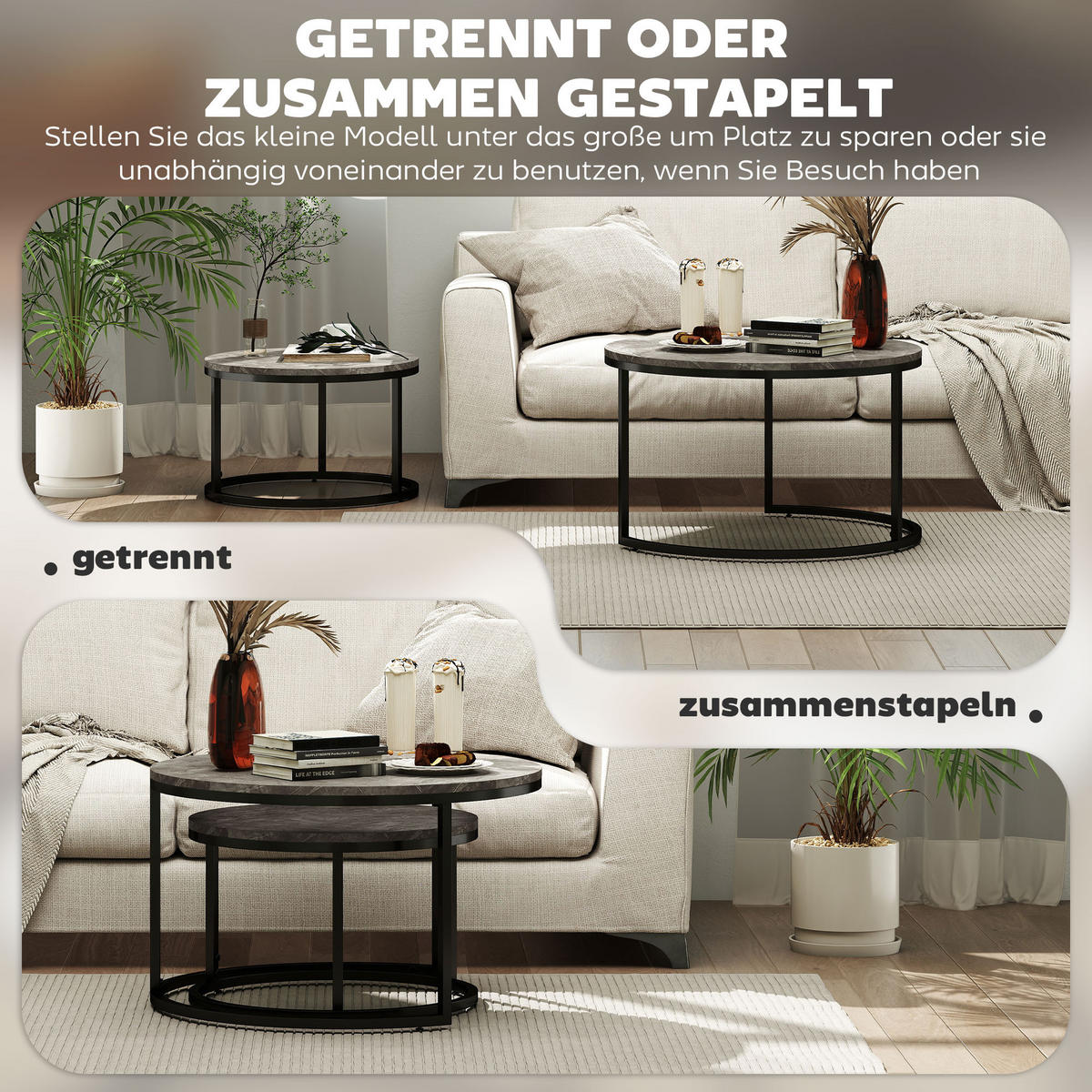 COUCHTISCH rund 2er Set Satztisch mit Metallrahmen, Marmoroptik Grau - Dunkelgrau/Schwarz, Holzwerkstoff/Metall (78.5/78.5/46.5cm) - HOMCOM