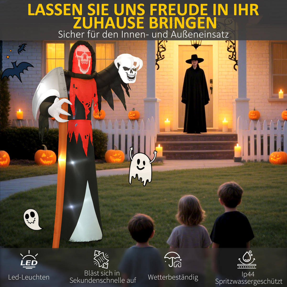 HALLOWEEN-DEKORATION 3,7 m riesiger Sensenmann mit LED-Beleuchtung für Outdoor - Schwarz, Textil (115/370/205cm) - Outsunny