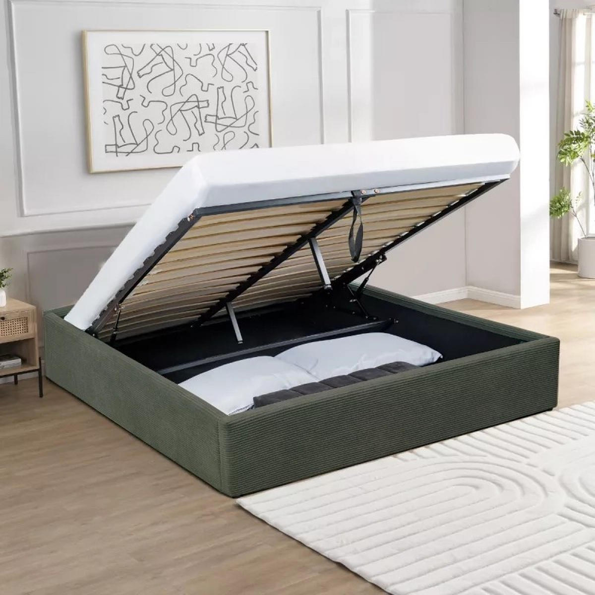 BETT mit Bettkasten 160 x 200 cm aus Kordvelours, Khaki 171/36,50/215 cm - Grün, Holz (200/160cm) - Calicosy