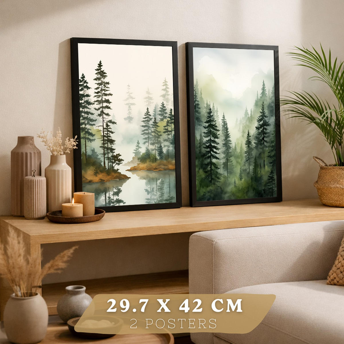 PLAKAT Sada 2 dekorativních tisků Nordic Forest Landscape obývací pokoj Obrázky - Zelené a hnědé dekorativní plakáty Obývací pokoj A4 černý rám - černá, papír (29.7/42/3cm)