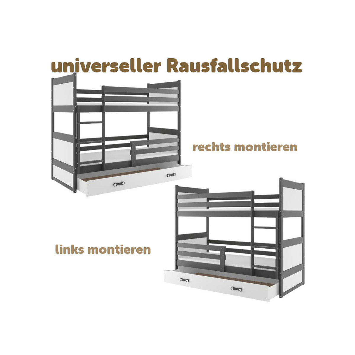 ETAGENBETT Rico mit Lattenrost und Schublade 190x90cm Grau - Weiß/Grau, Holz/Holzwerkstoff (90/190cm) - Interbeds
