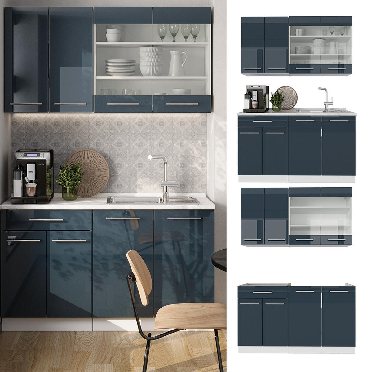 SINGLEKÜCHE Fame-Line Dunkelblau Hochglanz/Weiß 140 cm, AP Eiche - Dunkelblau/Weiß, Holzwerkstoff (140/81.6/60cm) - Vicco