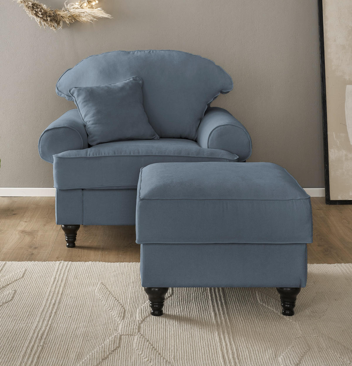 SESSEL-SET blau Landhaus, Loungesessel inklusive Hocker - Blau/Braun, Holz/Textil (175/95/110cm) - Furn.Design