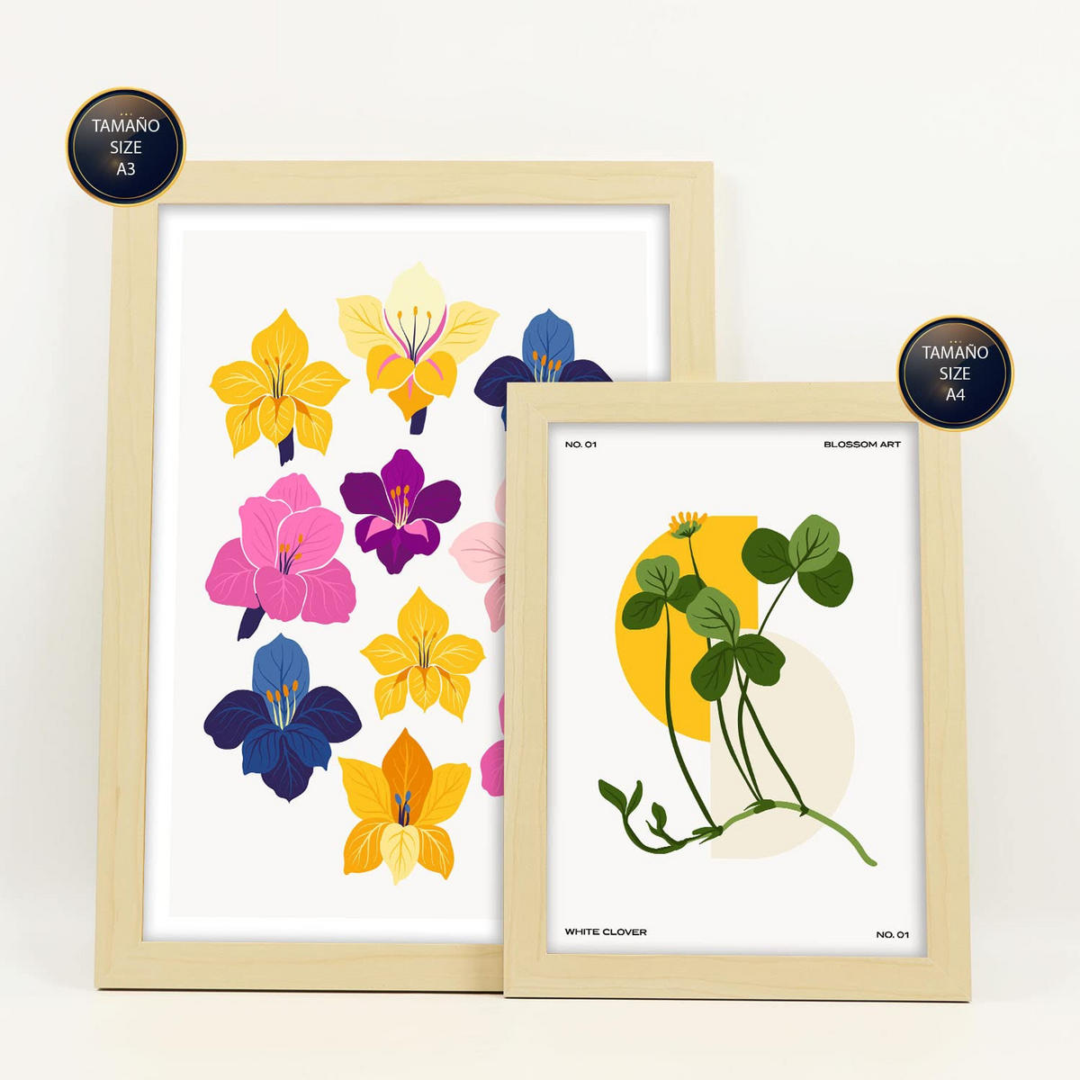 POSTER Set Mit 6 Florales Farbschema Größe A3 & A4 Rahmen aus hellem Holz - Beige, Papier (29.7/1cm) - Nacnic