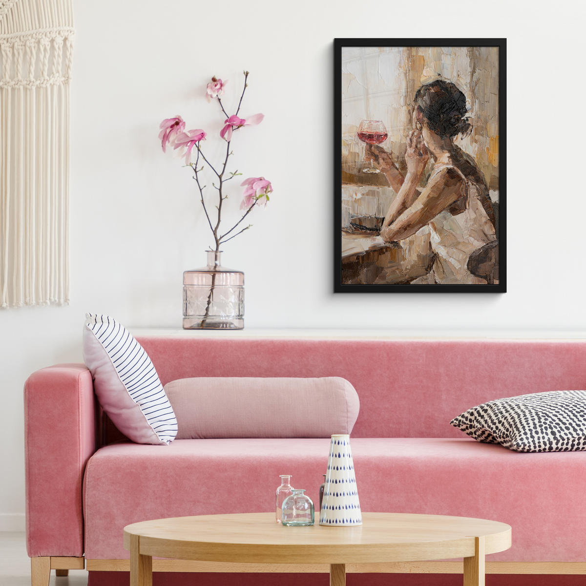 GERAHMTES BILD Ölgemälde - Frau - Wein 40x60 cm - Hellbraun, Papier (40/60cm) - MuchoWow