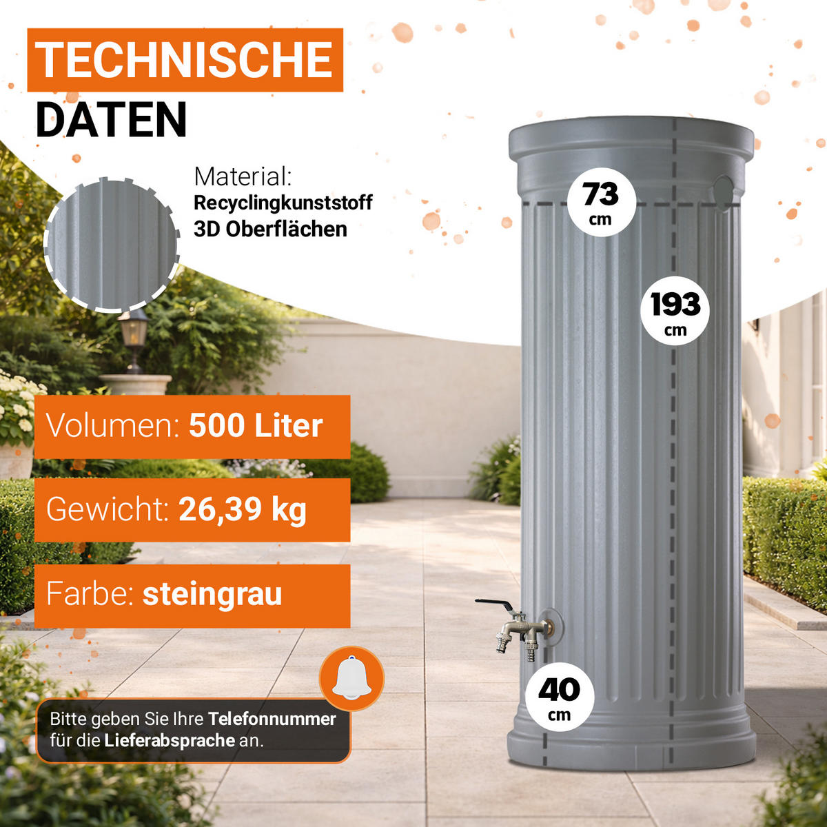 SÄULENTANK Komplett-Set 500 L, steingrau inkl. Chrom-Doppelauslaufhahn und Fallrohranschluss - Grau, Kunststoff (73/193/80cm) - GARANTIA