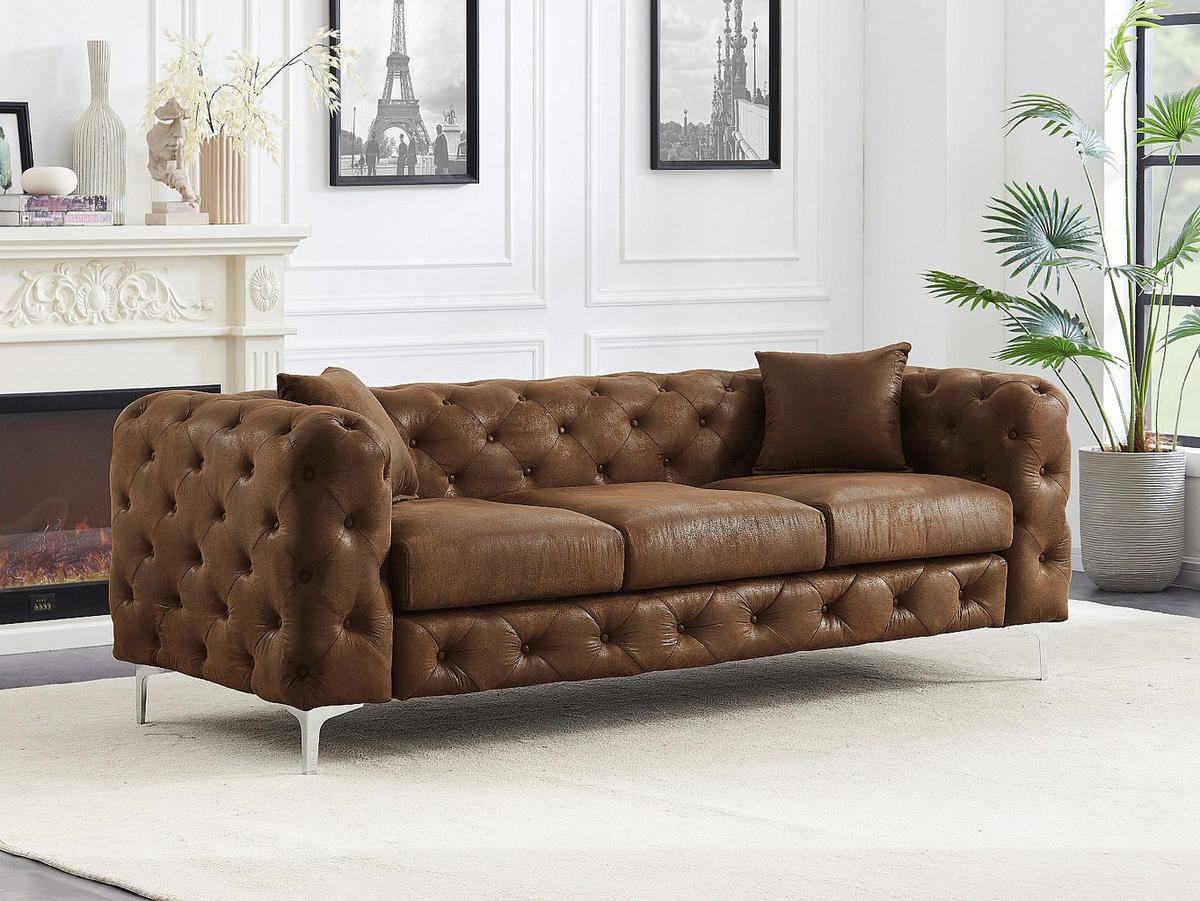 CHESTERFIELD Sofa 3-Sitzer - Mikrofaser - Vintage-Leder-Optik - EDWINA - Braun, Textil (220/76/91cm) - Vente-Unique
