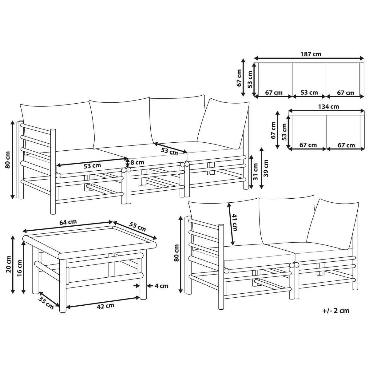 LOUNGE SET 5-Sitzer Bambusholz hellbraun 3-teilig Auflagen cremeweiß Cerreto - Creme, Holz - Beliani
