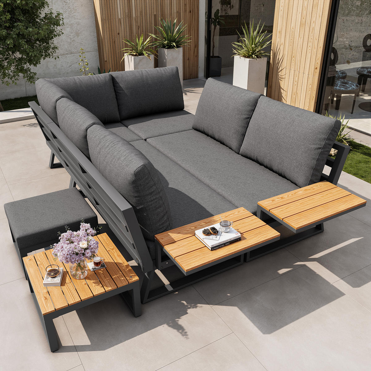 LOUNGESET, 7 Personen, Eisen, Ecksofa, Holztisch, Grau - Grau, Metall - FLIEKS