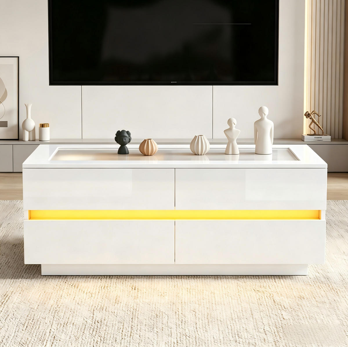 COUCHTISCH aus Spanplatte und Glas 100x50x40 cm Weiß mit 4 Schubladen und LED-Beleuchtung - Weiß, Holzwerkstoff (100/50/40cm) - IVMEU
