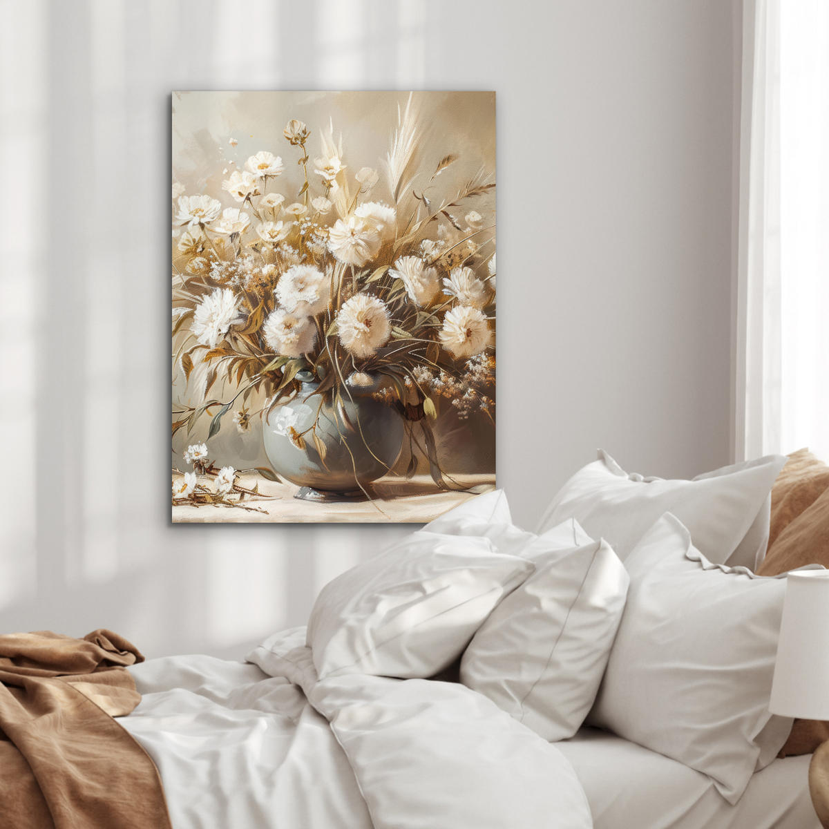 KOVOVÝ OBRAZ Kvety - Váza - Zátišie - Béžová 60x80 cm - krémová, kov (60/80cm) - MuchoWow