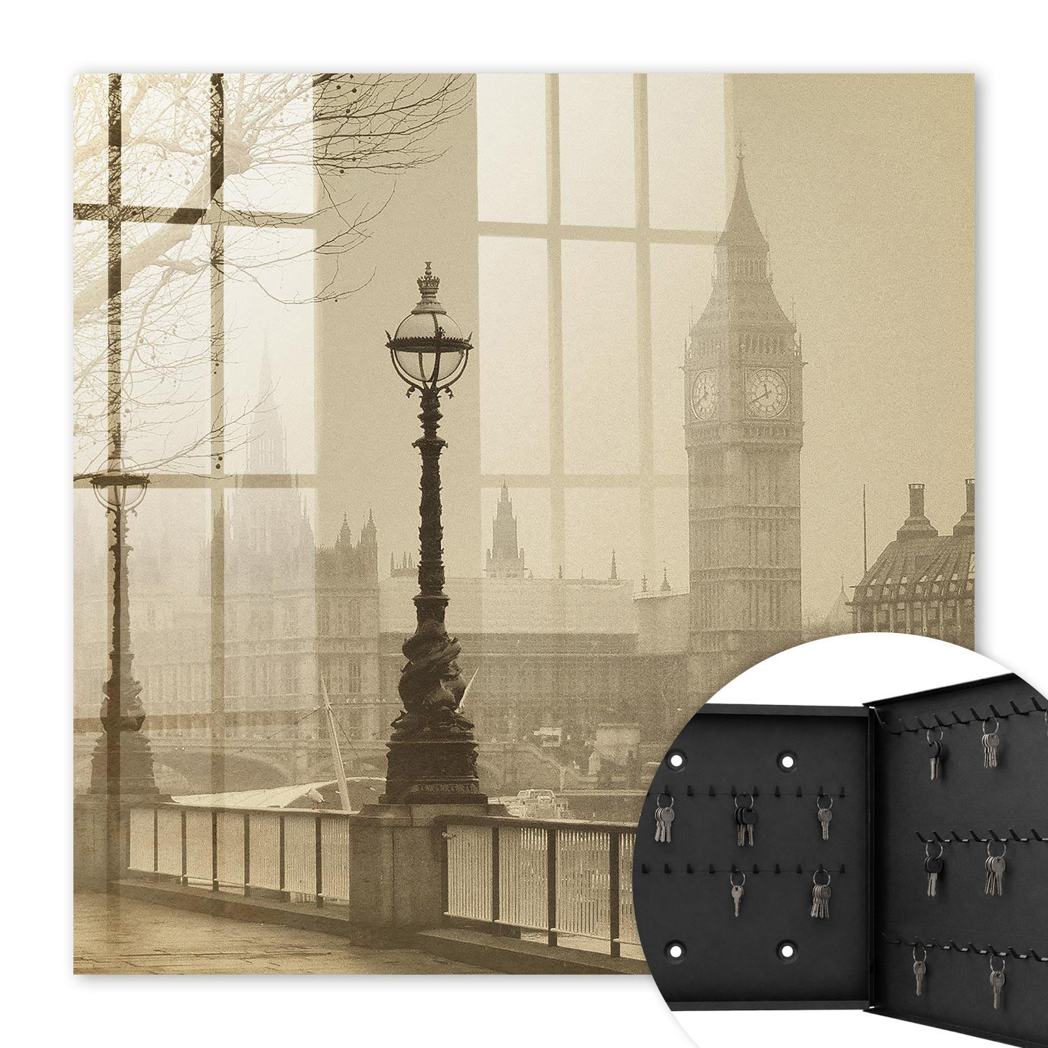 SCHLÜSSELBOX Schwarz 30x30 cm- Türöffnung nach rechts - Nebliges London - Beige, Metall (30/30/5cm) - TULUP
