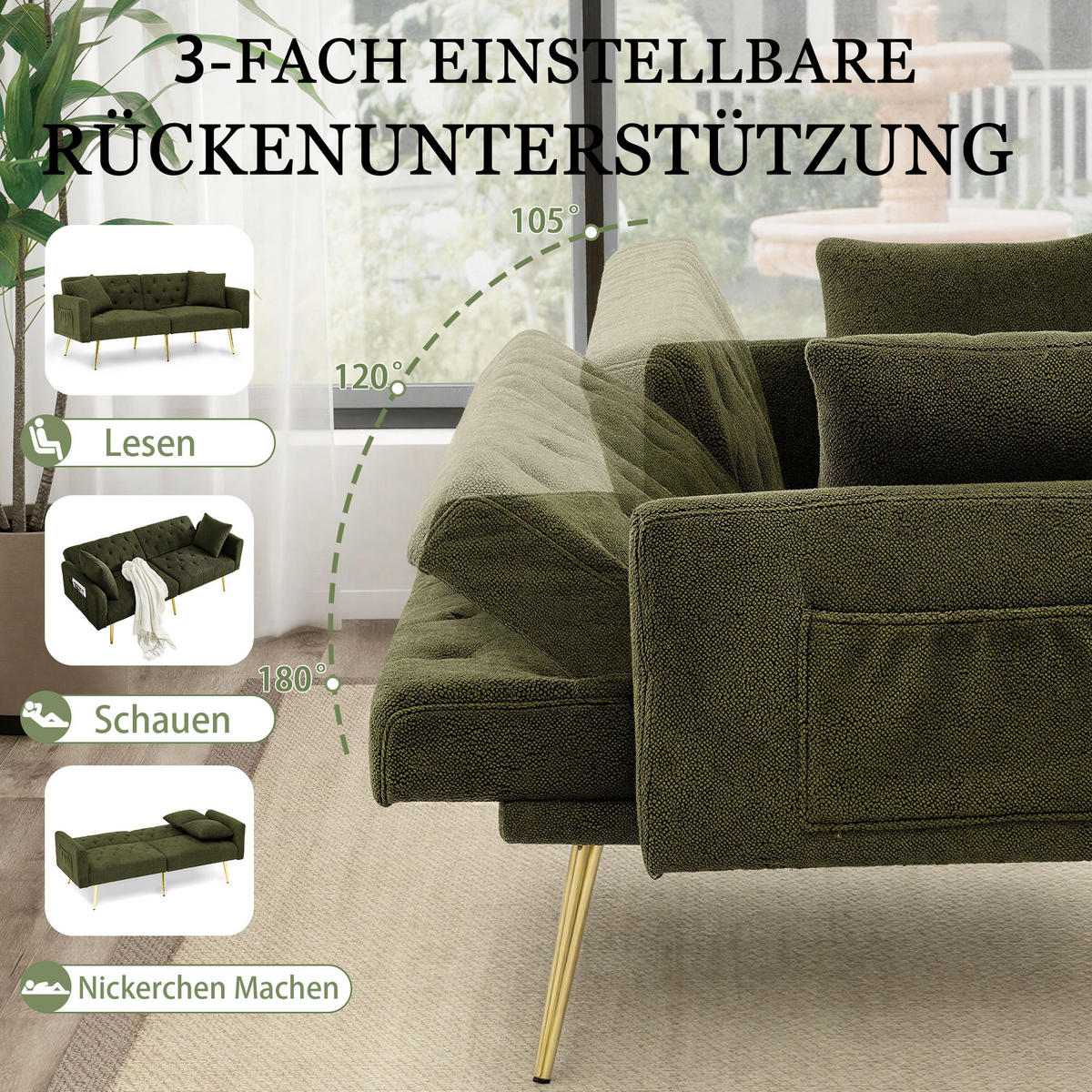 SCHLAFSOFA 177/78/74 cm in Green Teddyfell mit Aufbewahrungstasche - Grün, Textil (177/74/78cm) - Oxeza