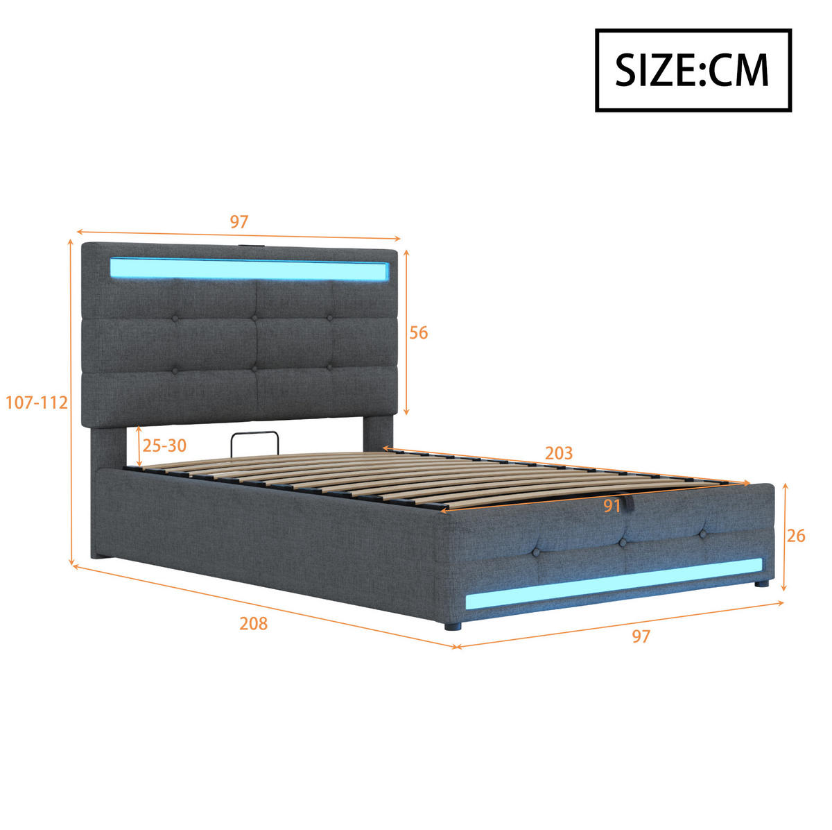 POLSTERBETT mit LED-Beleuchtung 90/200 cm in Grau mit USB und verstellbarem Kopfteil - Grau, Textil (90/200cm) - BEAOK